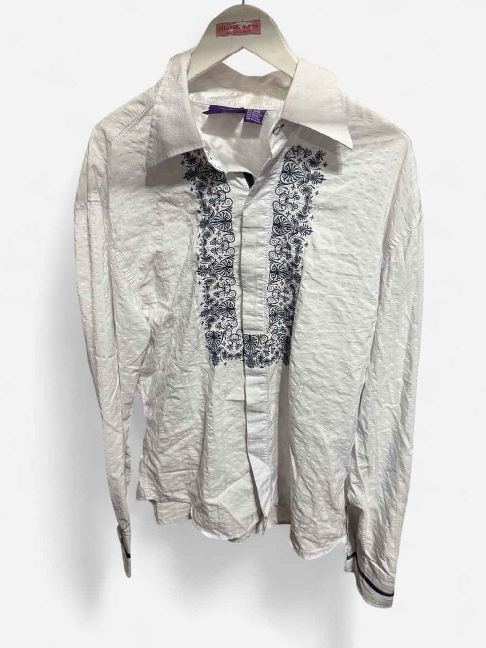 Men's White Embroidered Dress Shirt with Navy Trim